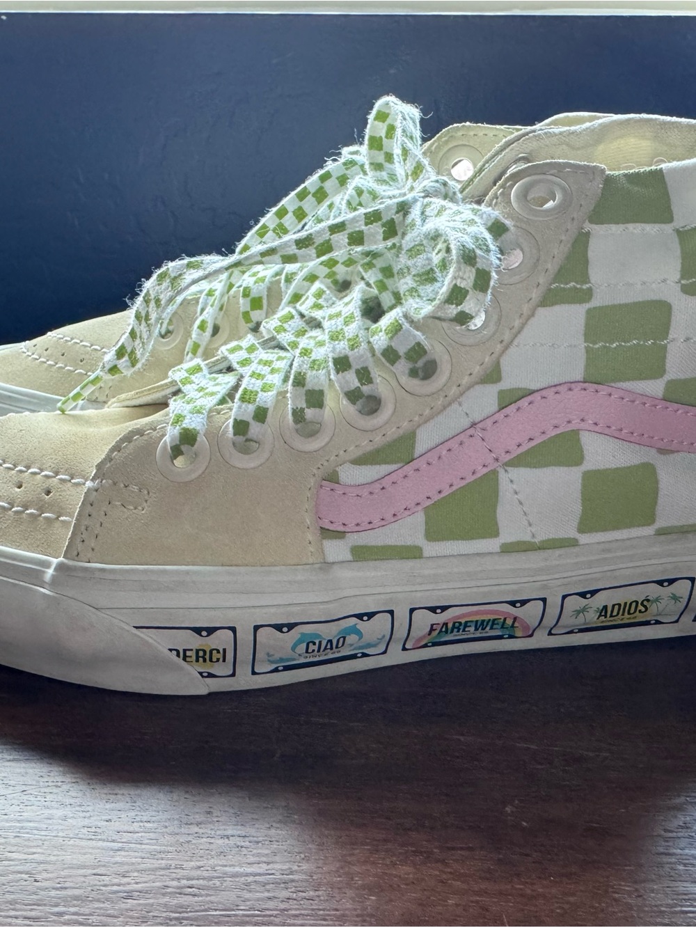 Vans Checkerboard High-Top Sneakers in Cream, Green & Pink